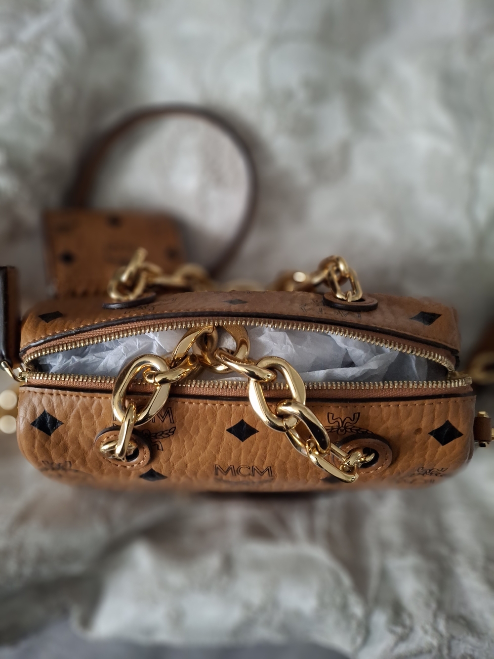 MCM Cognac Visetos Leather Chain Shoulder Bag, Small Coin Purse Attached - Picture 7 of 10
